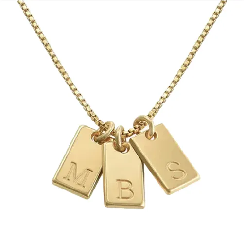 Gold M B S engraved tag necklace