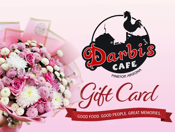 Darbi's Cafe gift card advertisement with flowers.