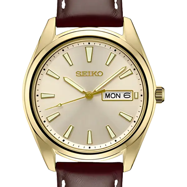 Seiko Essentials gold-tone watch with champagne dial and brown strap