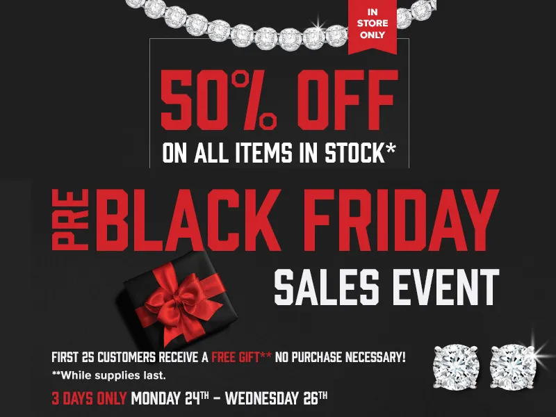 Helmut the Jeweler's Black Friday Sales Event postcard offering 50% off all in-stock items.
