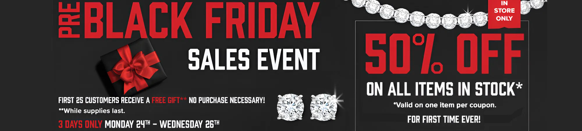 Helmut the Jeweler's Black Friday Sales Event postcard offering 50% off all in-stock items.