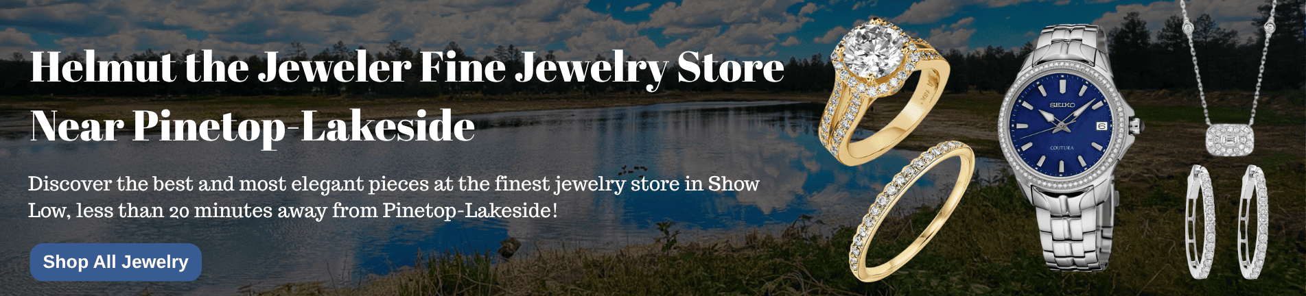 Gold ring, gold wedding bands, and diamond snowflake pendant from Helmut The Jeweler.