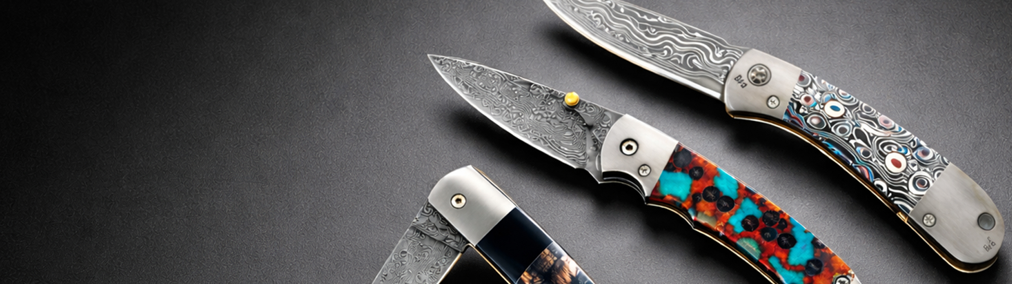 Santa Fe Stoneworks Damascus steel folding knives with turquoise inlay handles