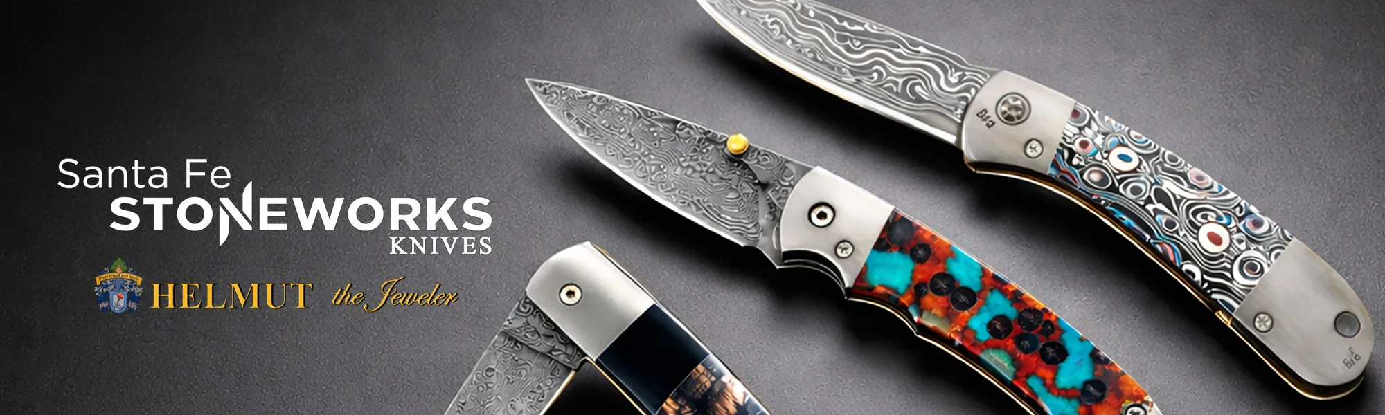 Santa Fe Stoneworks Damascus steel folding knives with turquoise inlay handles