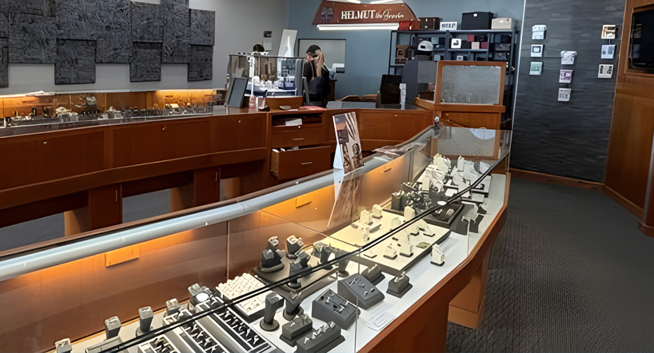 Interior of Helmut the Jeweler showroom with display cases of fine jewelry and engagement rings