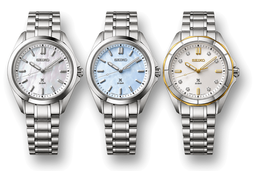 Seiko stainless steel and two-tone watches with white and light blue dials