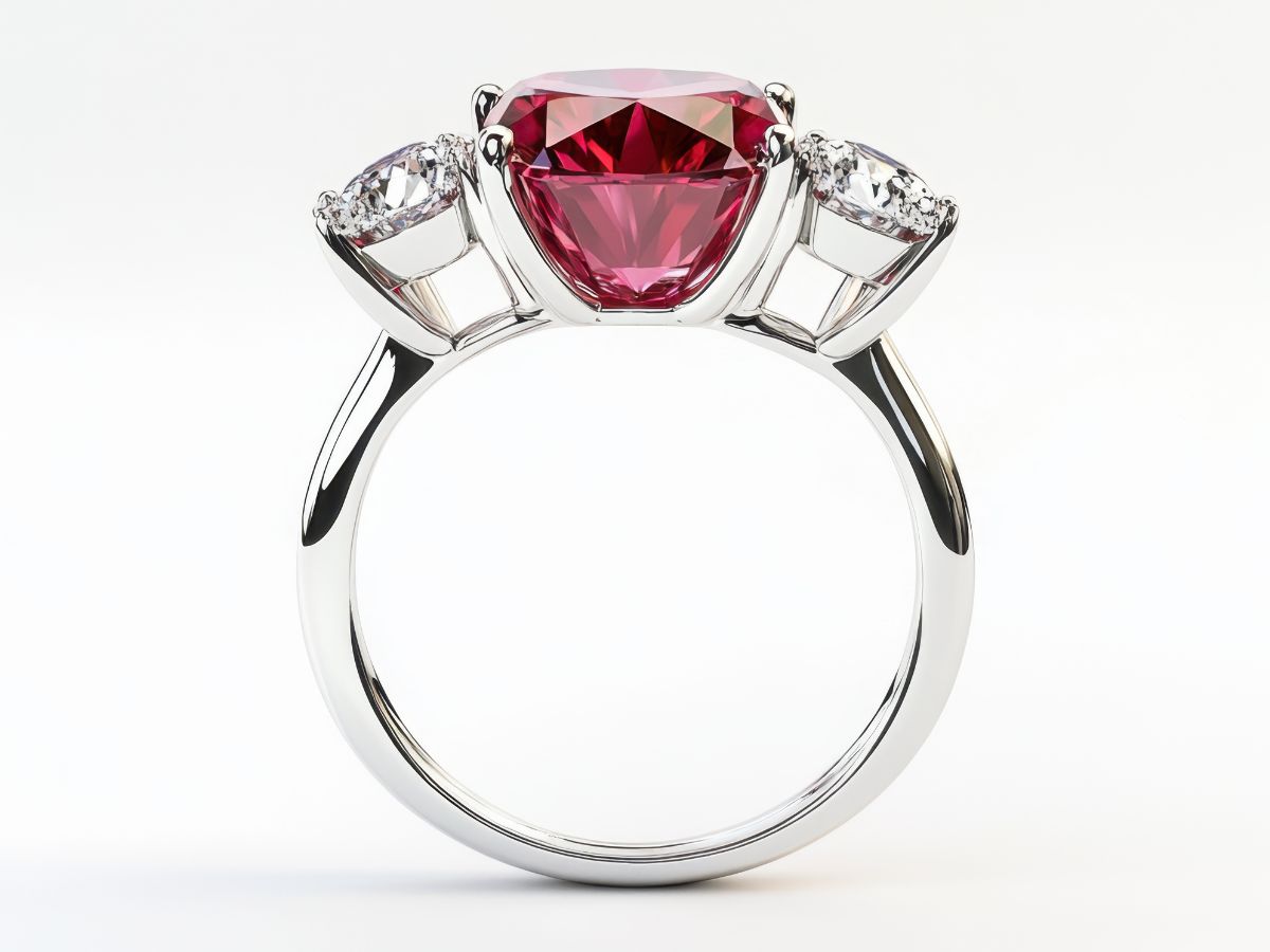 White gold ring with ruby center and two side diamonds
