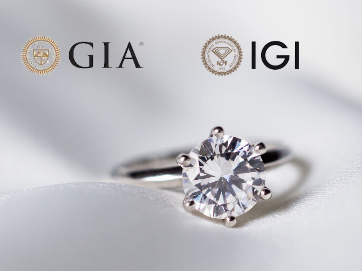 Elegant solitaire ring near GIA IGI logos