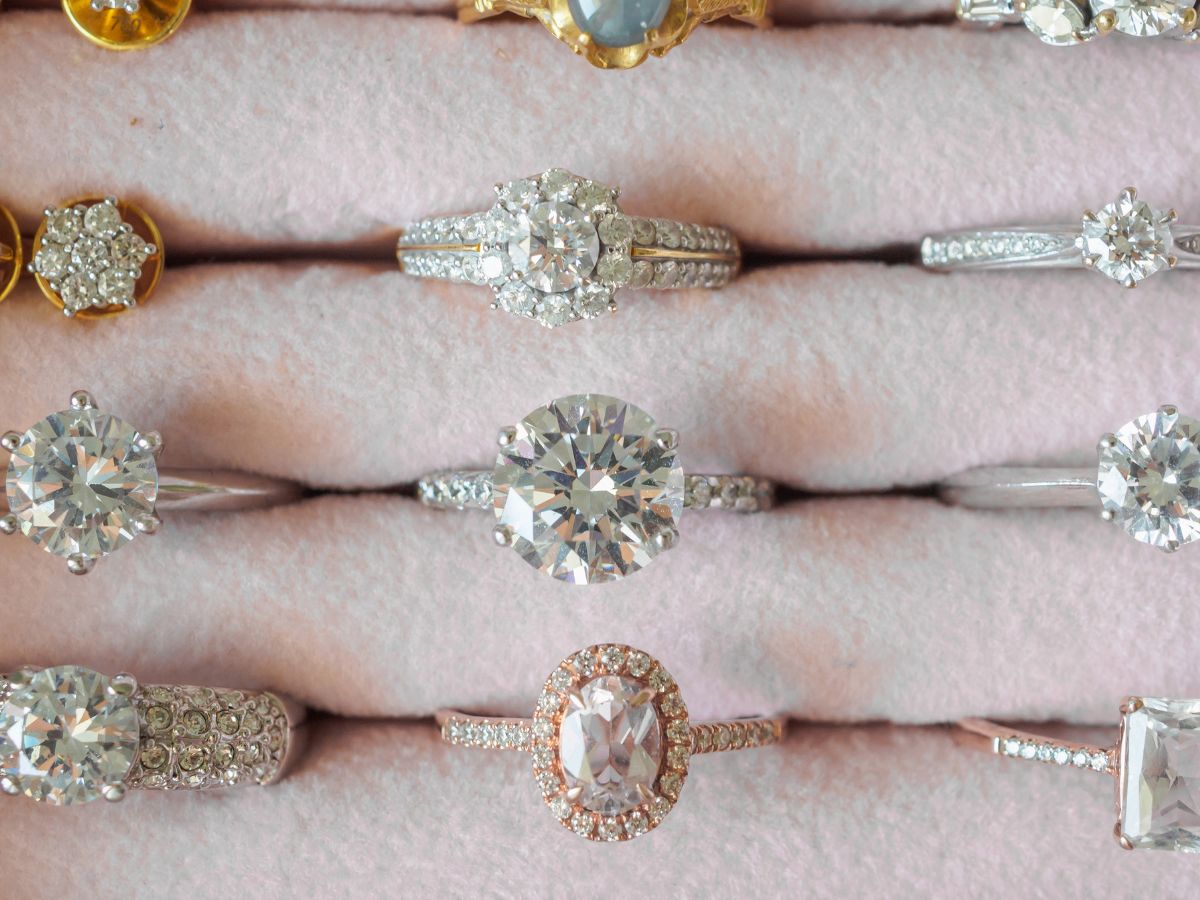 Diamond engagement rings displayed in rows