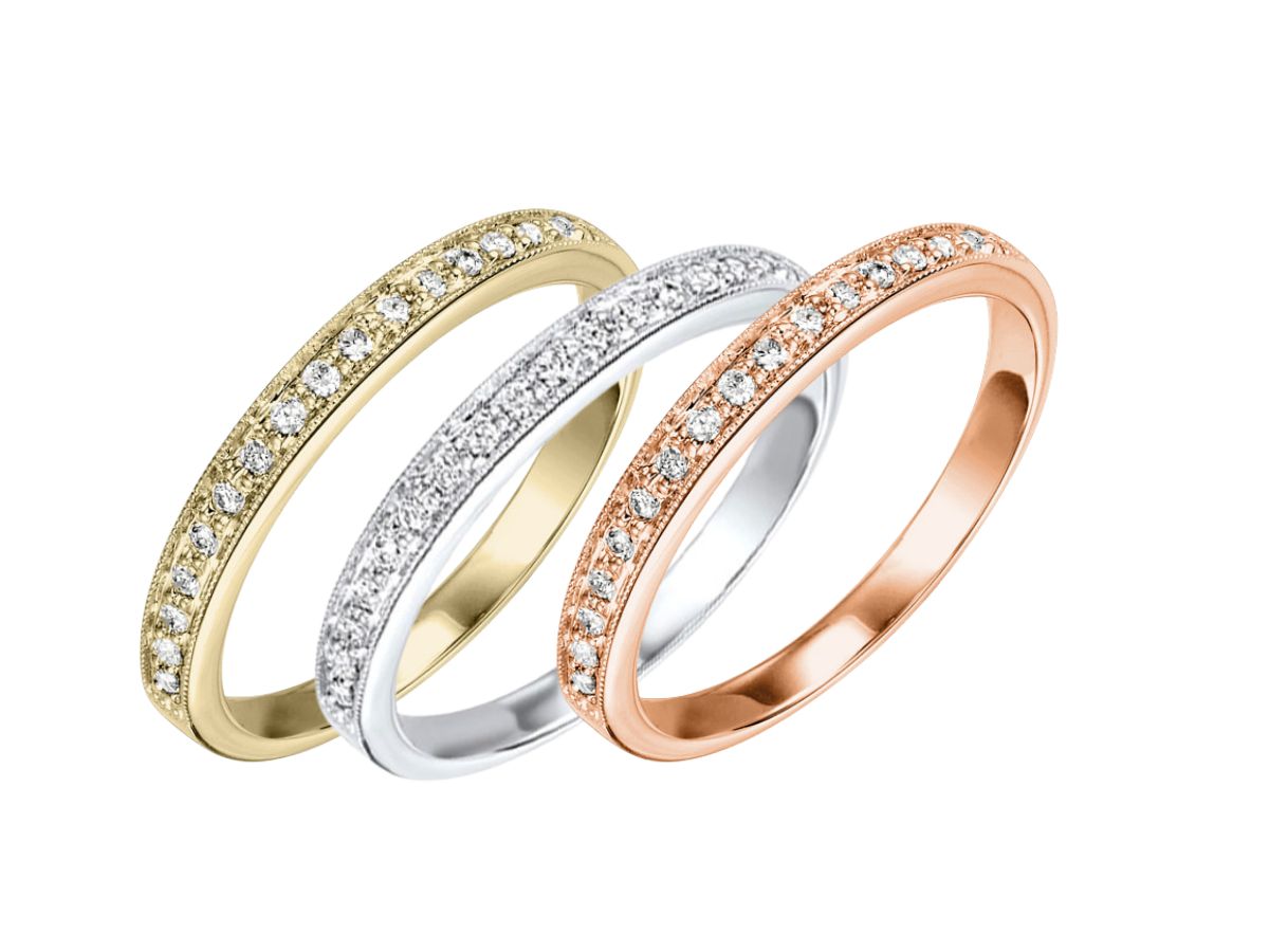 Yellow, white and rose gold wedding bands with pavé diamonds