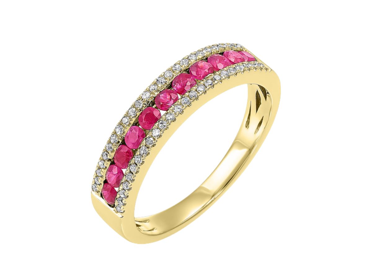 Yellow gold wedding band with ruby gemstone set in pavé diamond accents
