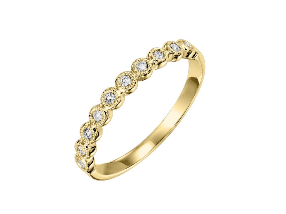 yellow gold wedding band with eternity-set round diamonds