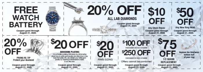 Coupons for Jewlery Repair promotions like free watch battery and 20% off all lab diamonds