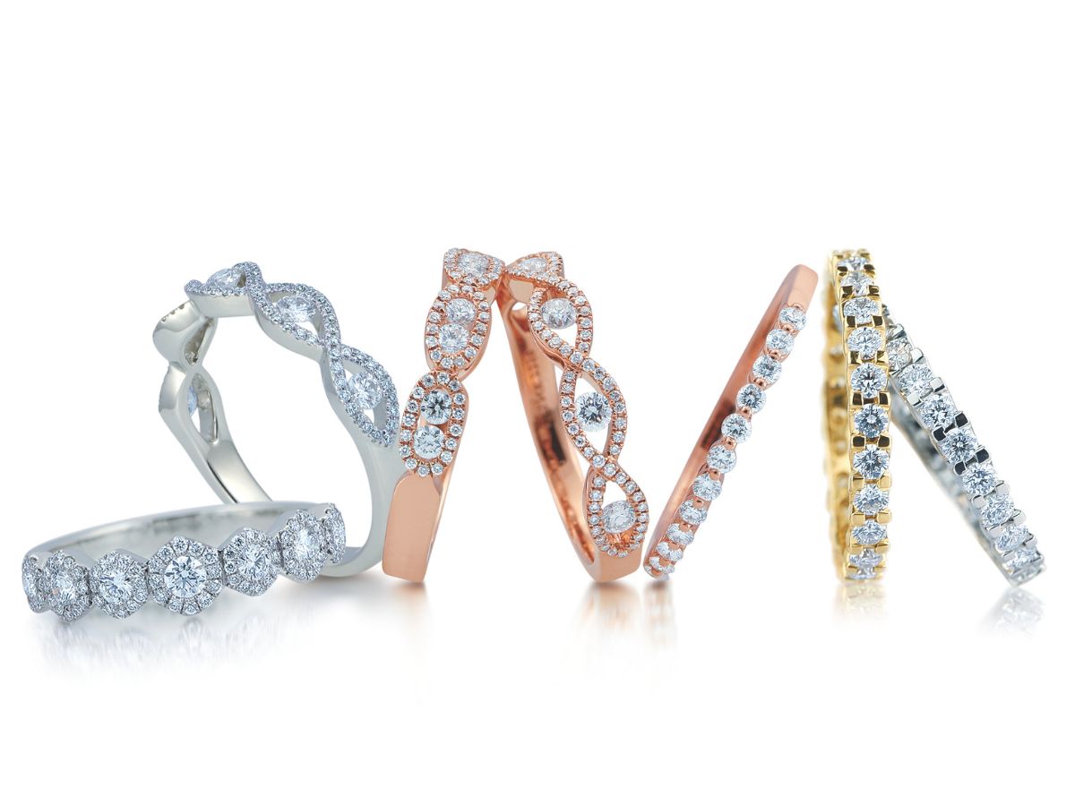 Stylish wedding bands featuring diamonds in silver and gold