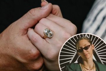 Close-up of diamond ring in couple's hands and inset image of woman.