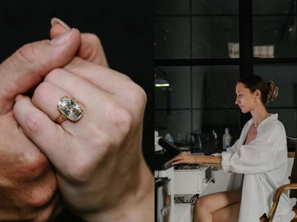 Side view of woman working at desk and close-up of couple's hands showcasing a yellow gold diamond engagement ring