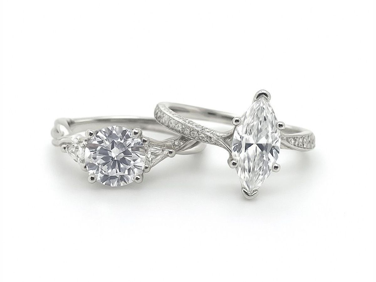 White gold rings with round and marquise diamonds