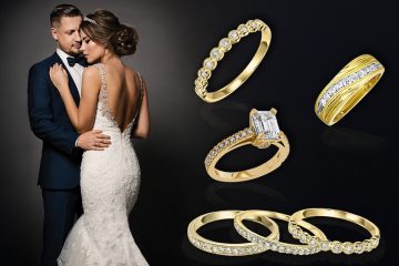 Bride and groom showcasing bridal jewelry with yellow gold diamond rings
