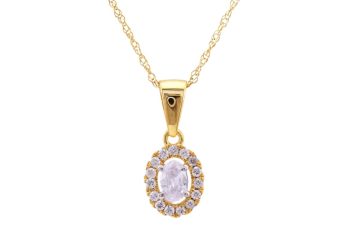 Gold necklace with oval-cut diamond surrounded by small round diamonds.