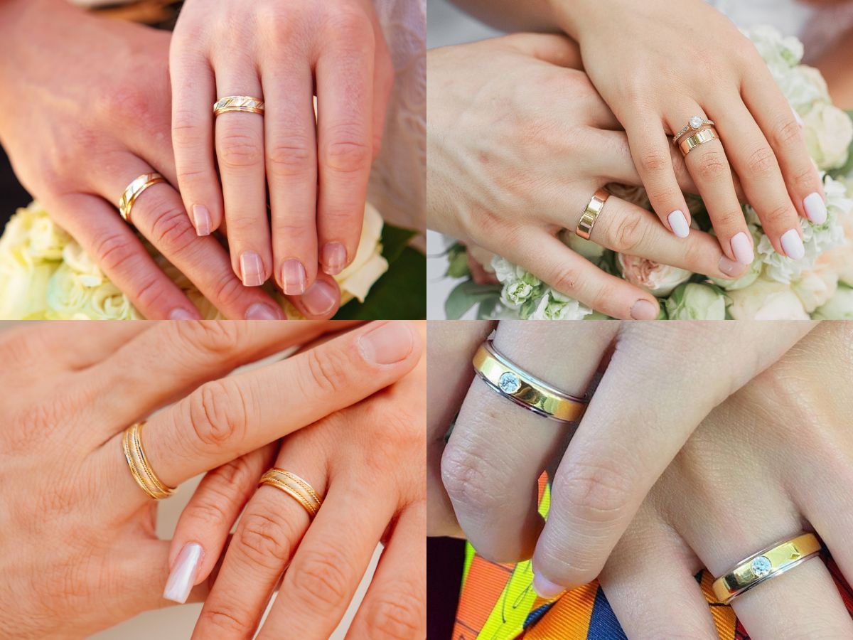 Collage of couples' hands wearing gold wedding bands