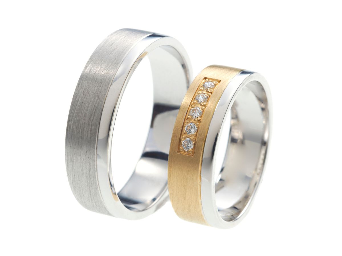 Brushed silver and gold matching wedding bands for couples