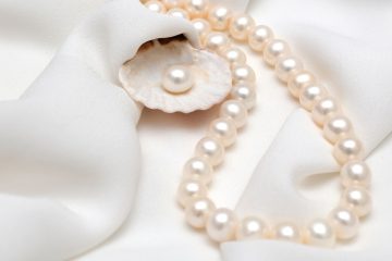Pearl necklace with shell on white silk fabric, luxury bridal jewelry.