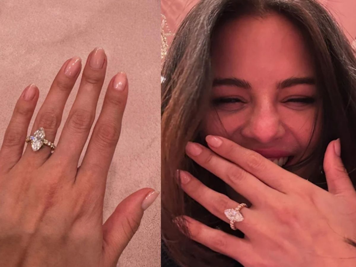 A close-up photo of Selena Gomez with a marquise diamond ring