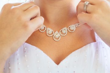 Close-up of bridal diamond necklace with looped pattern on bare neckline.