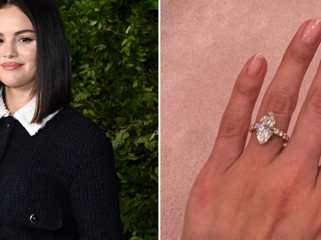 Selena Gomez's marquise engagement ring, the new trend in bridal jewelry.
