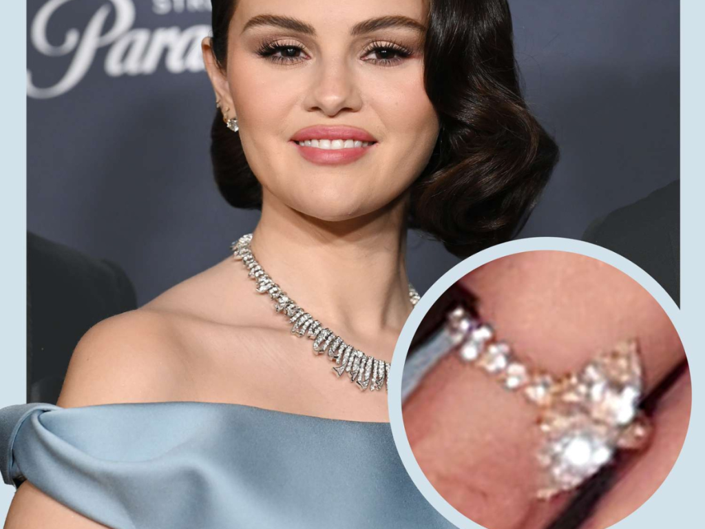 Close-up of Selena Gomez’s marquise diamond ring, showcasing its elegant cut.