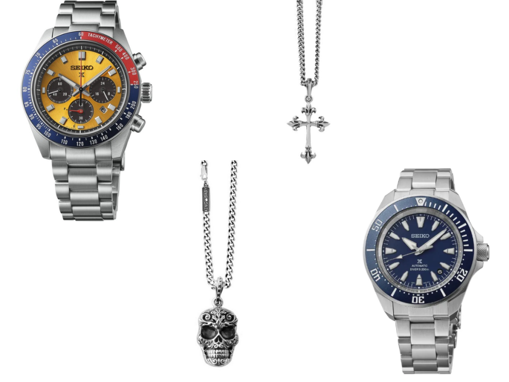 Men’s Seiko watches and silver necklaces