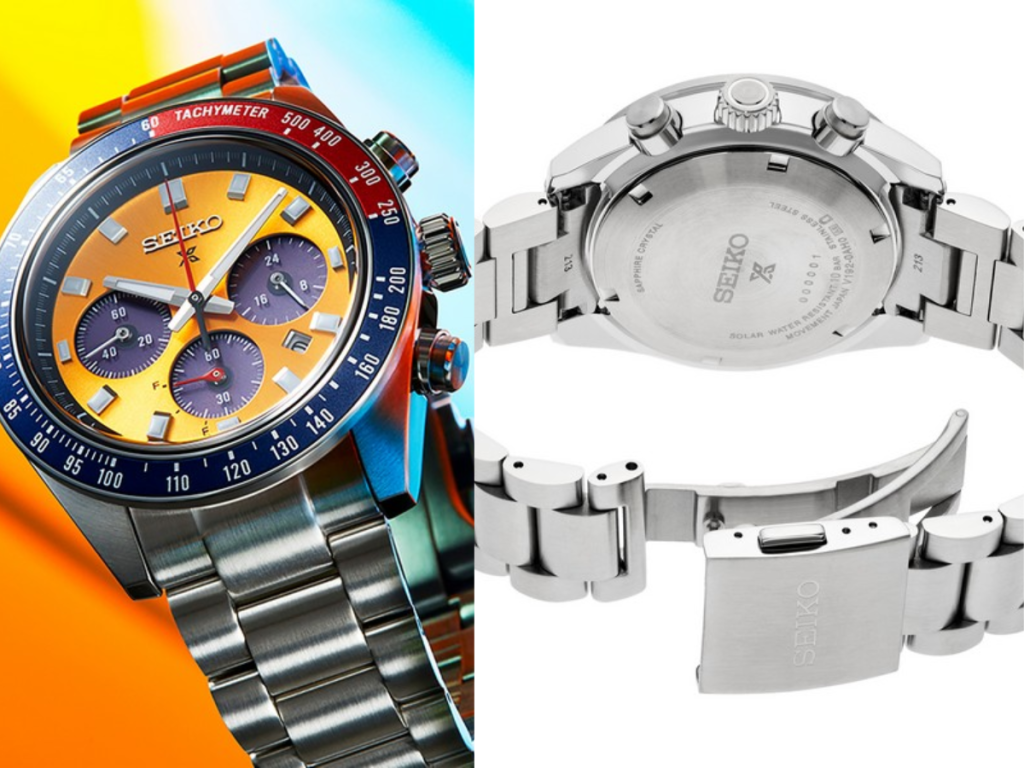 Seiko chronograph watch front and clasp view