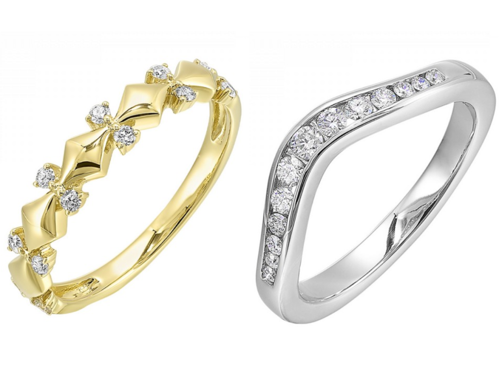Gold diamond floral band and curved white gold diamond ring