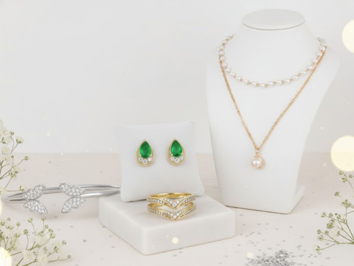 Elegant jewelry set with layered pearl necklaces, gold rings, bangles, and emerald stud earrings on display.