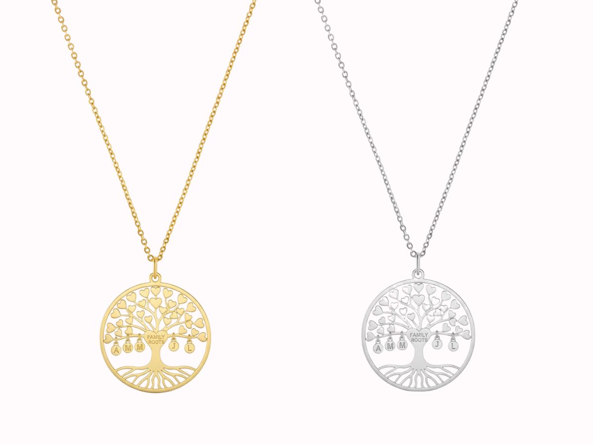 Family tree pendant necklaces in gold and silver