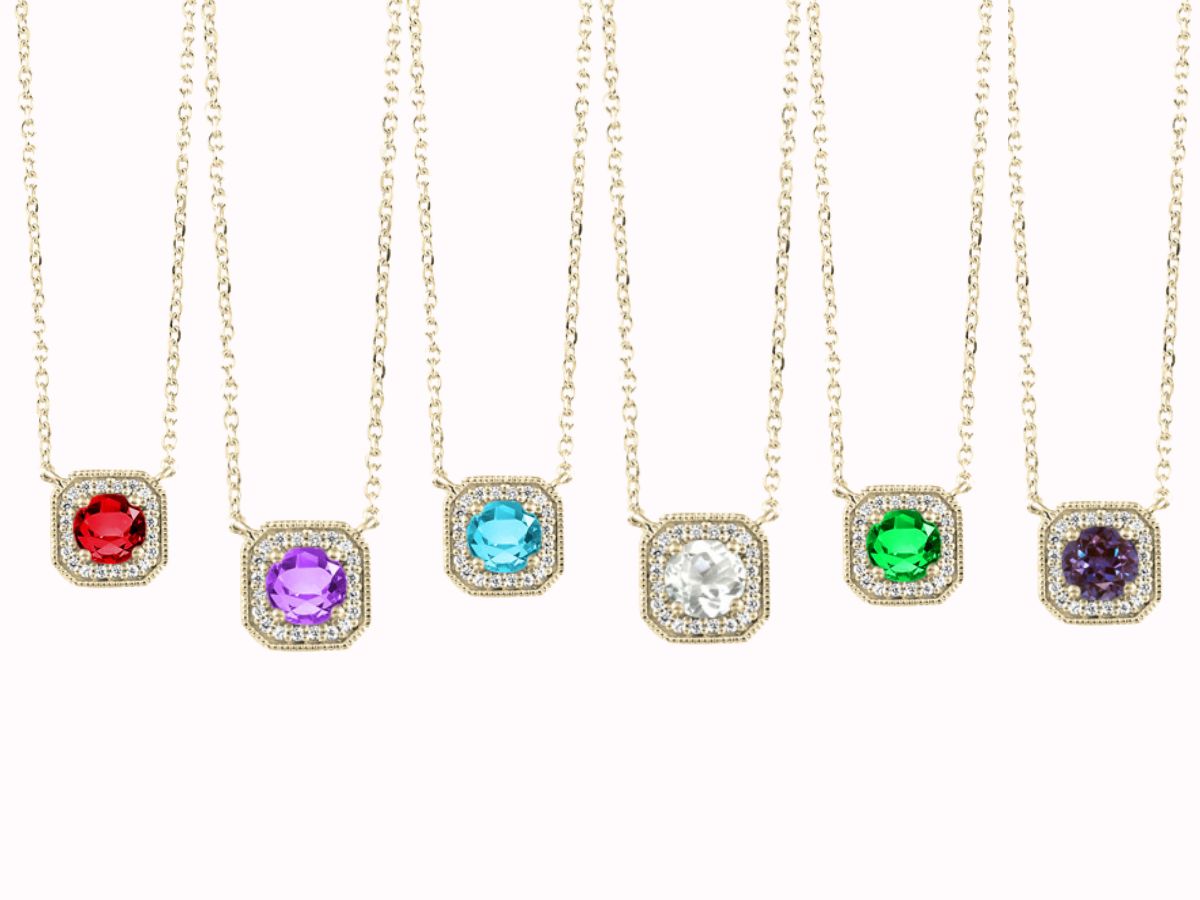 Colorful birthstone necklaces with halo diamond frames