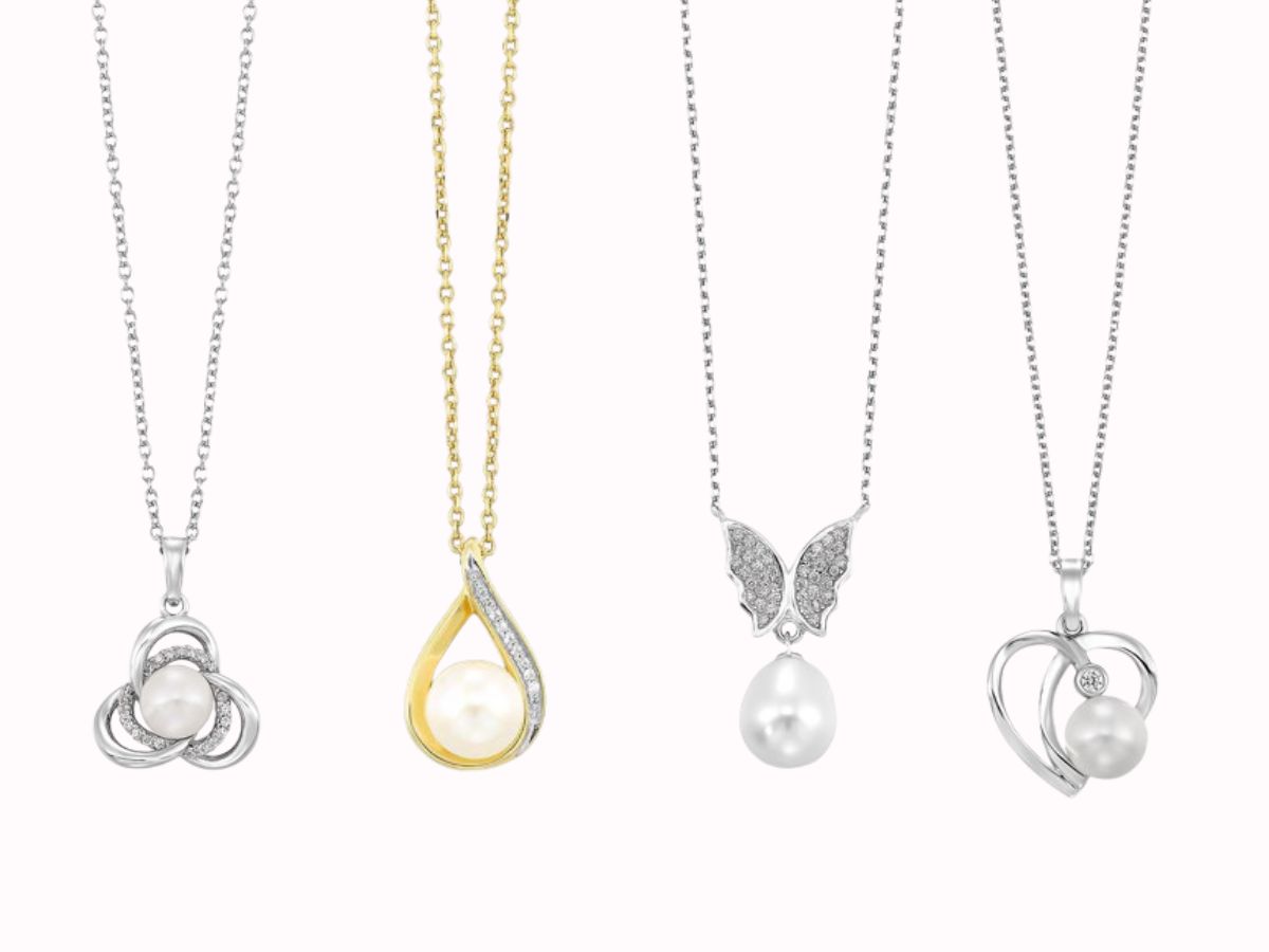 Pearl necklaces with silver and gold pendants