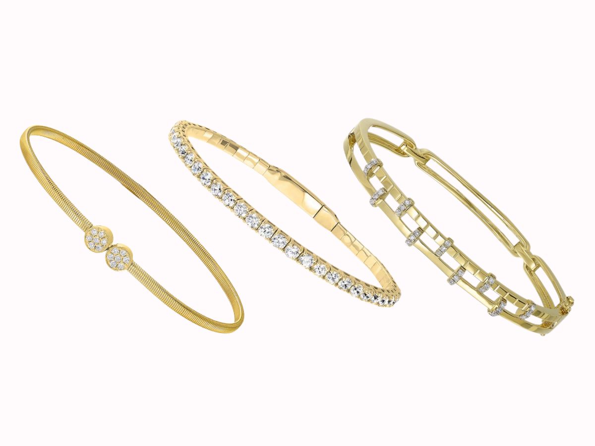 Trio of gold bangle bracelets with diamonds