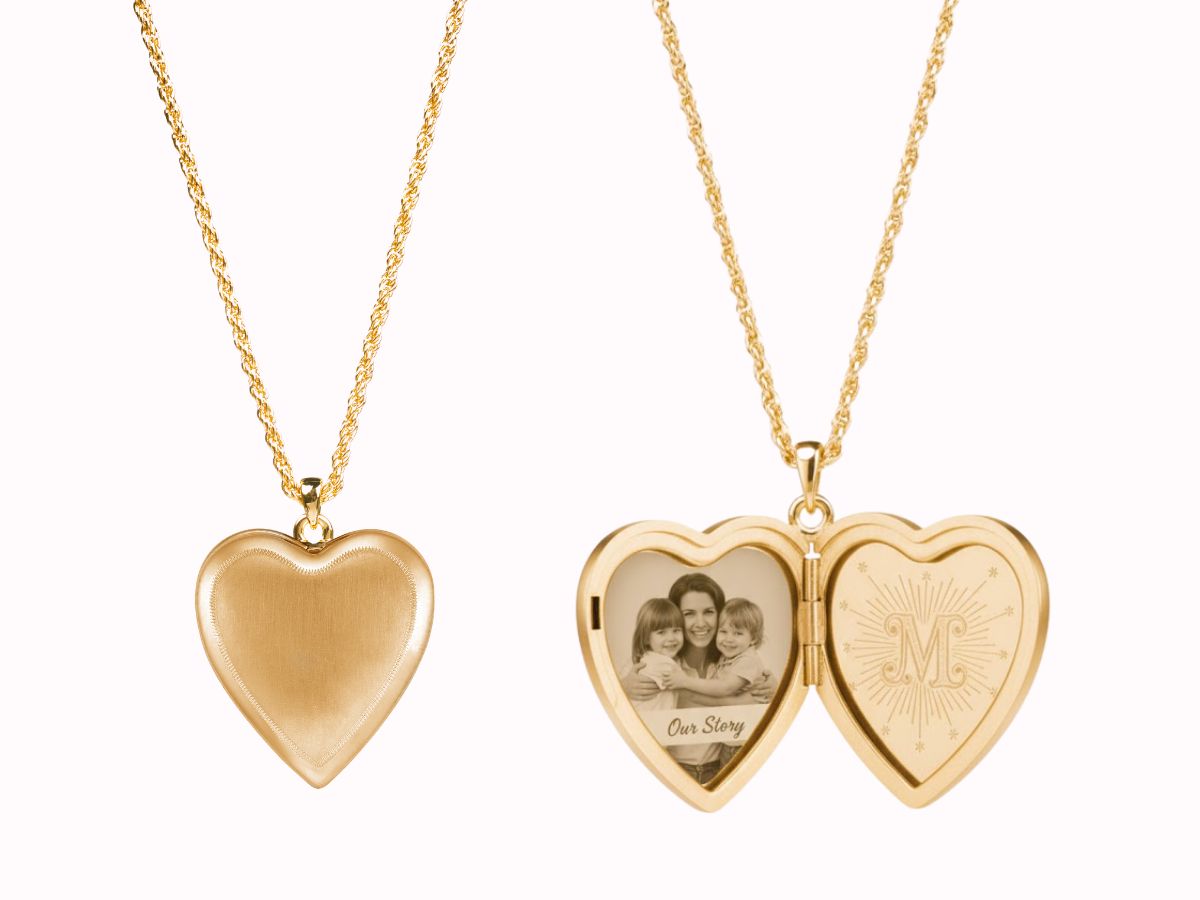 Heart-shaped photo locket necklace in gold