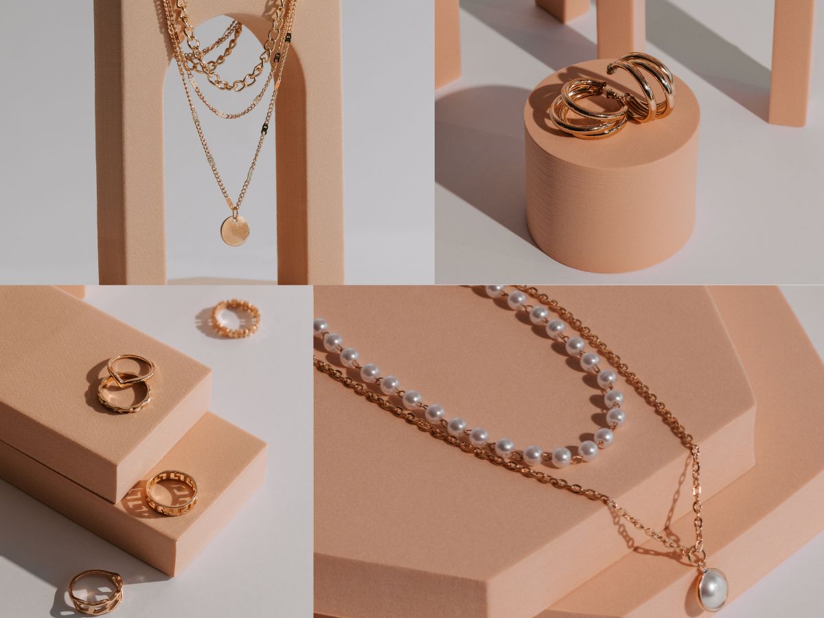 Collage image of gold and pearl jewelry sets in minimalist display design.