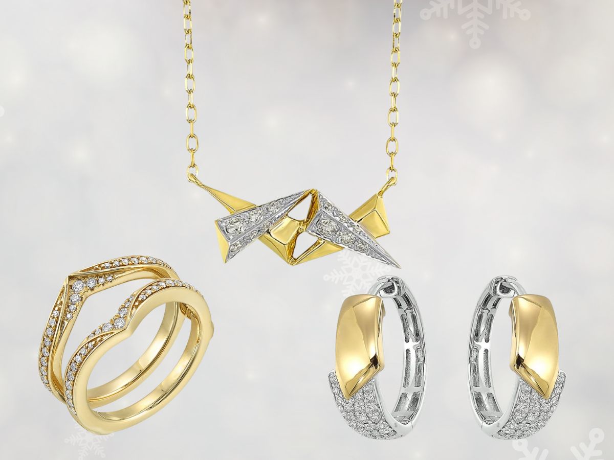 Jewelry set featuring a two-tone gold and silver necklace and earrings with diamonds, and yellow gold rings with pavé diamond accents