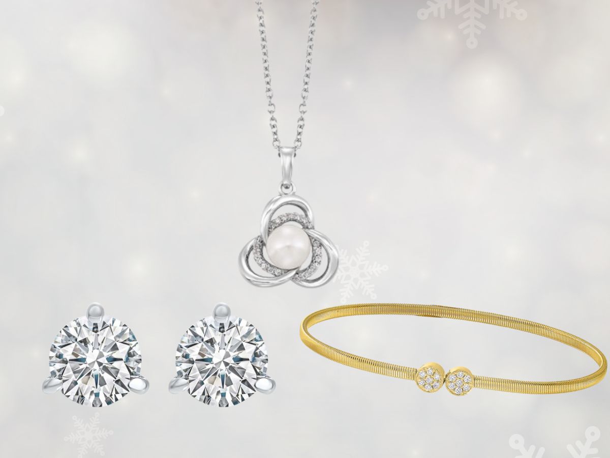 Jewelry set featuring a silver necklace with pearl pendant, yellow gold bracelet, and diamond stud earrings.