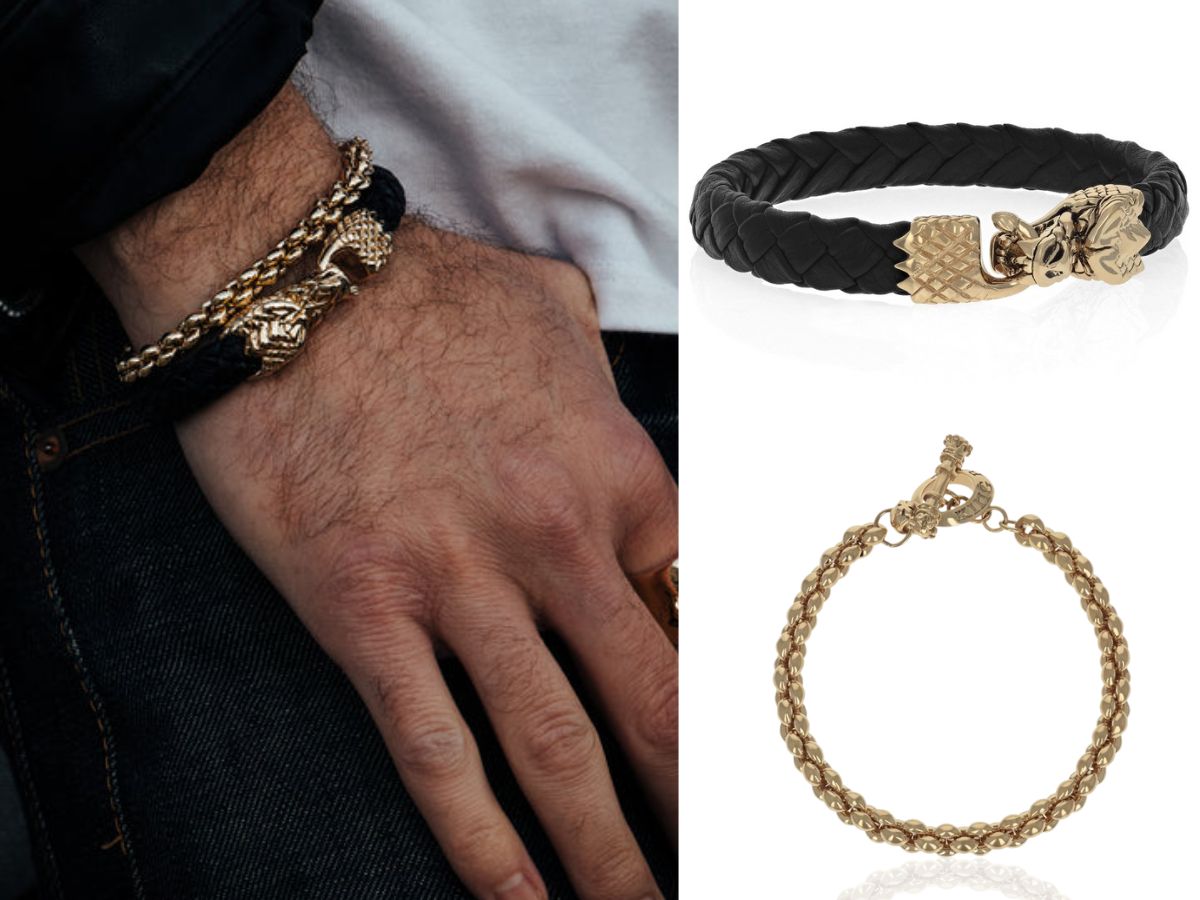 Close-up of man's wrist wearing black braided leather bracelet with gold dragon head clasp detail.