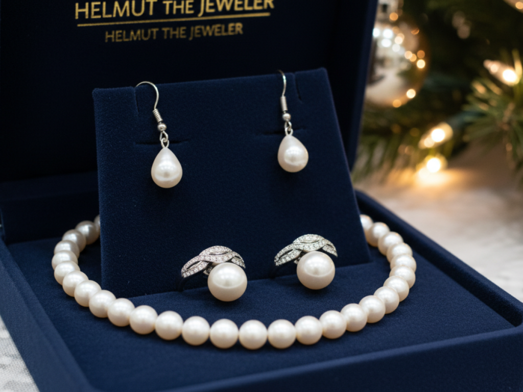 A blue velvet jewelry box open, displaying a pearl necklace, two pearl earrings, and two pearl rings, set against a festive background with Christmas decorations.