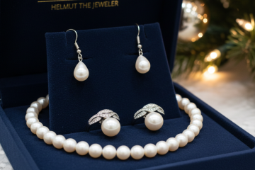 A blue velvet jewelry box open, displaying a pearl necklace, two pearl earrings, and two pearl rings, set against a festive background with Christmas decorations.