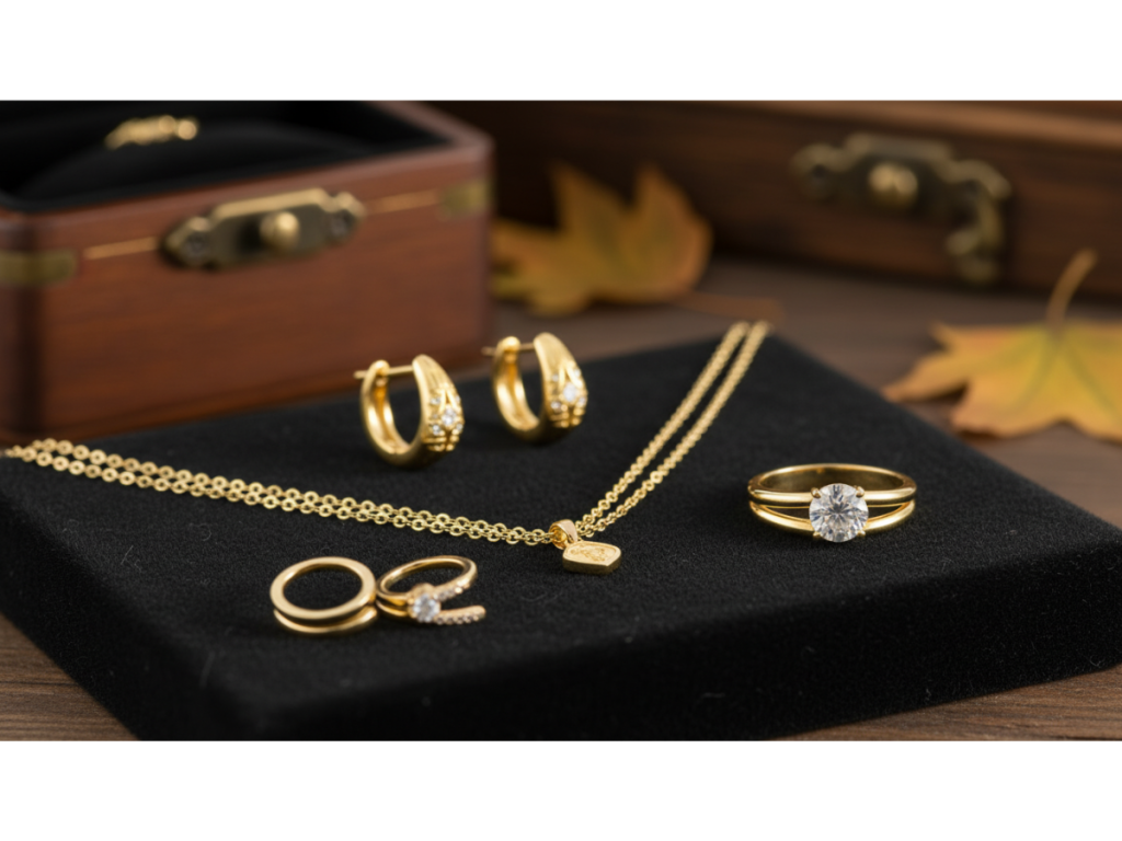A collection of yellow gold jewelry, including a necklace, hoop earrings, and a diamond ring, displayed on a black velvet tray next to a wooden jewelry box.