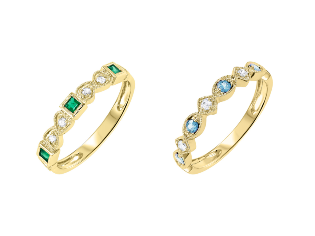 Yellow gold ring with emeralds, Yellow gold ring with blue topaz.