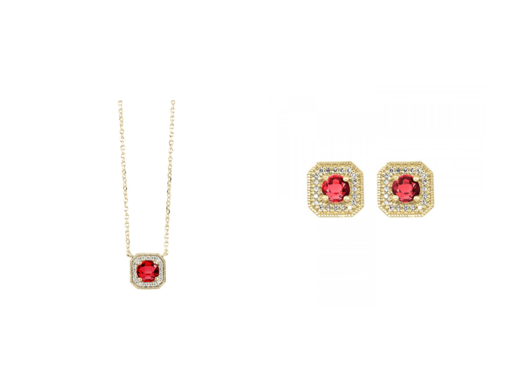Yellow gold ruby halo necklace, Yellow gold ruby halo stud earrings.