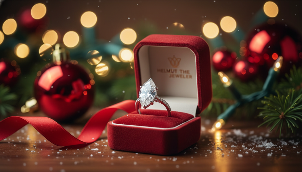 A sparkling diamond engagement ring in an open red velvet box, surrounded by festive Christmas decorations, lights, and a red ribbon on a wooden surface with a light dusting of snow.