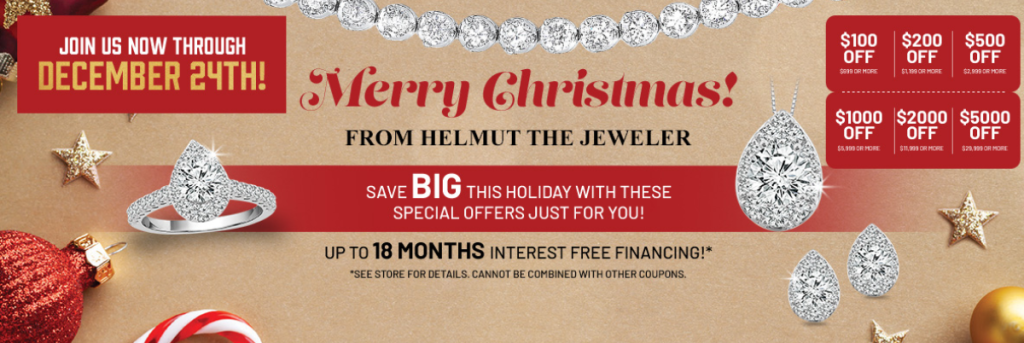 Holiday jewelry sale banner showing diamond rings and pendants with Christmas decorations and Helmut The Jeweler discounts.